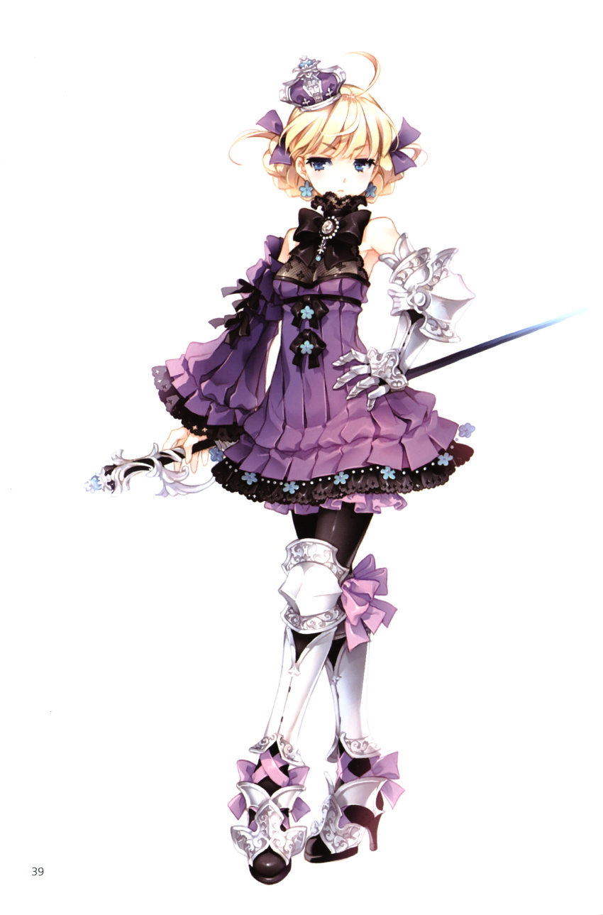 1girl, absurdres, ahoge, armor, bare_shoulders, black_pantyhose, blonde_hair, blue_eyes, boots, braid, crossed_legs, crown, detached_sleeves, dress, earrings, female_focus, frills, full_body, gauntlets, greaves, hair_ribbon, hand_on_own_hip, hat, high_heel_boots, high_heels, highres, hip_focus, jewelry, original, pantyhose, purple_crown, rapier, ribbon, scan, scepter, shoes, skirt, solo, standing, sword, tearfish, watson_cross, weapon