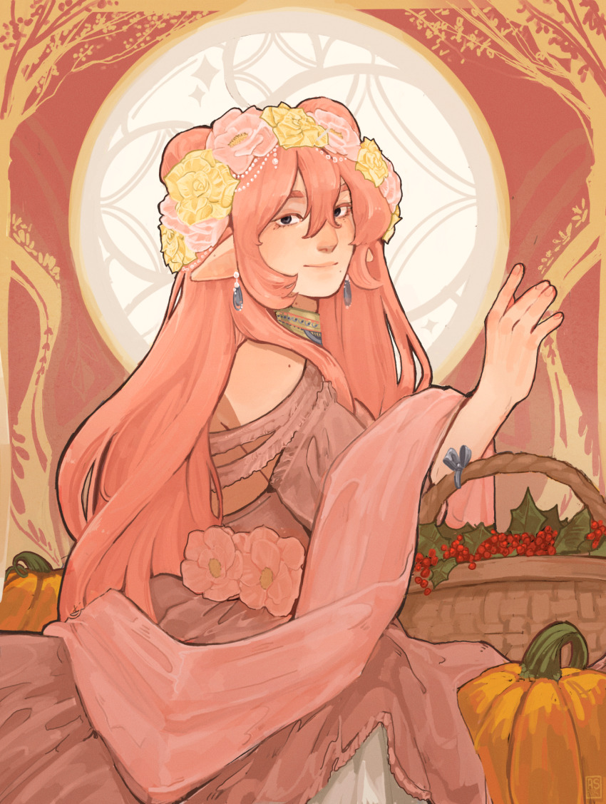 1girl, \||/, applestruda, art_nouveau, bare_shoulders, basket, berry, black_eyes