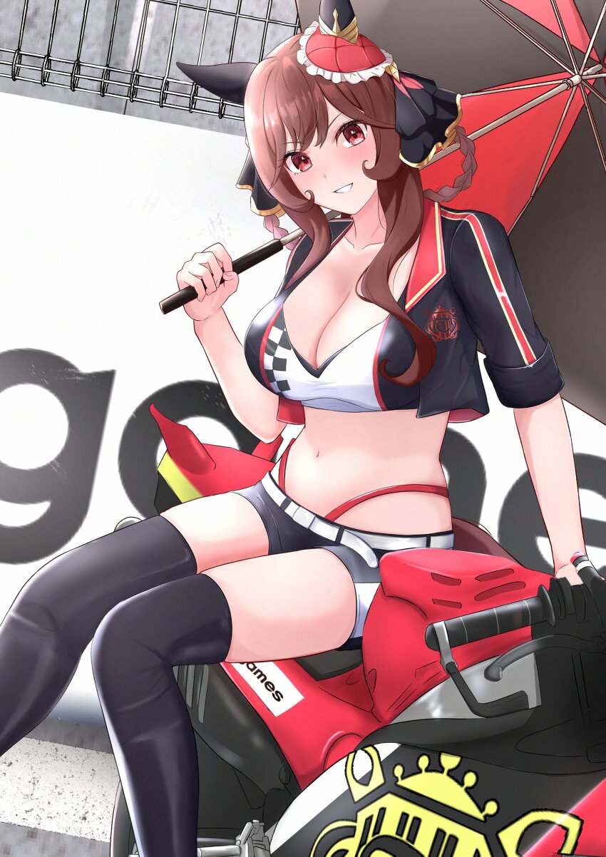 1girl, absurdres, animal_ears, belt, black_ribbon, black_shorts, black_thighhighs, blush