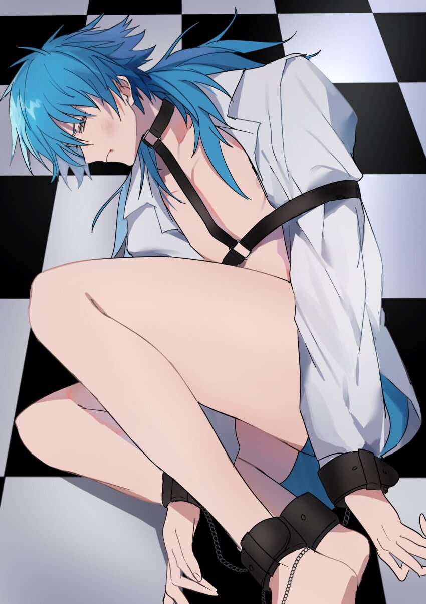 1boy, ankle_cuffs, aqua_shorts, black_collar, blue_hair, blush, bruise, bruise_on_face