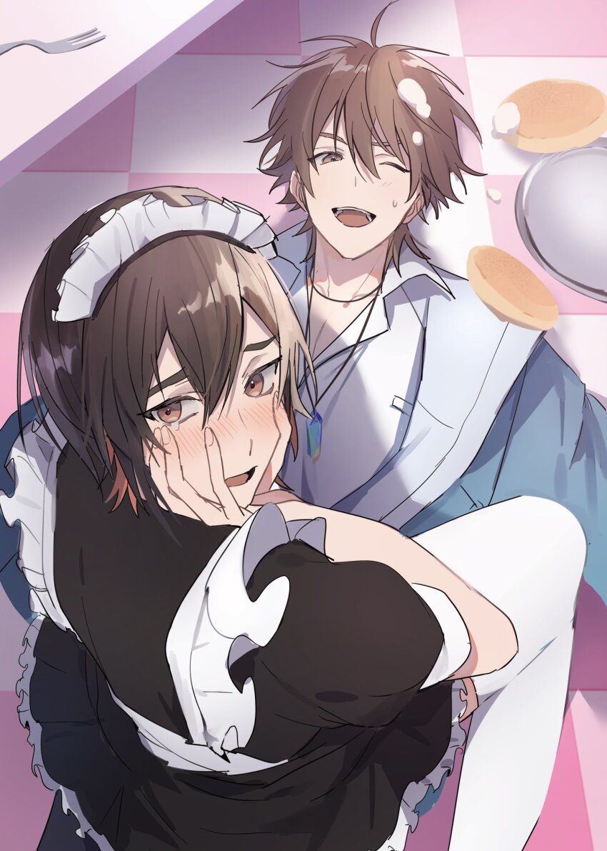 2boys, apron, black_dress, blue_jacket, blush, brown_hair, checkered_floor, collared_shirt