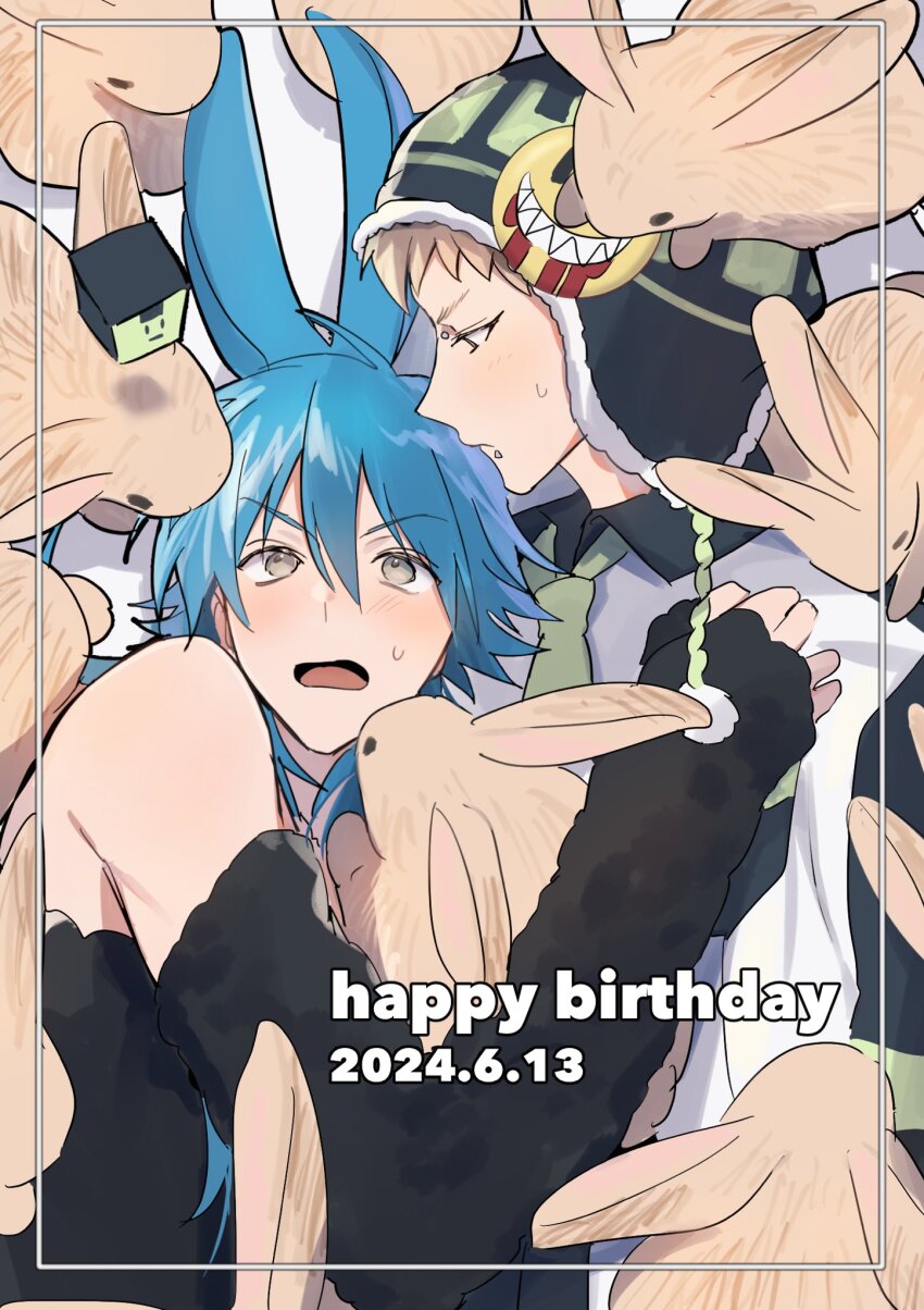 2boys, animal, animal_ears, bare_shoulders, beanie, black_gloves, black_sleeves, blonde_hair