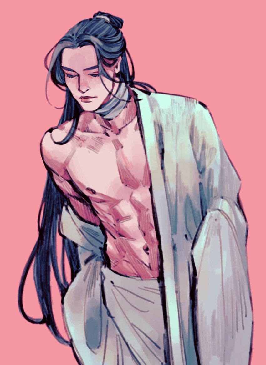 1boy, abs, bandaged_neck, bandages, bare_pectorals, black_hair, chinese_clothes, closed_eyes