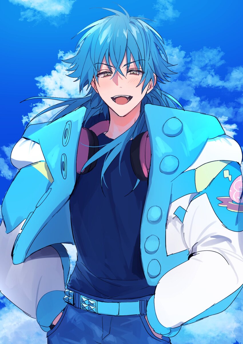 1boy, belt, blue_belt, blue_hair, blue_pants, blue_shirt, cloud, cloudy_sky