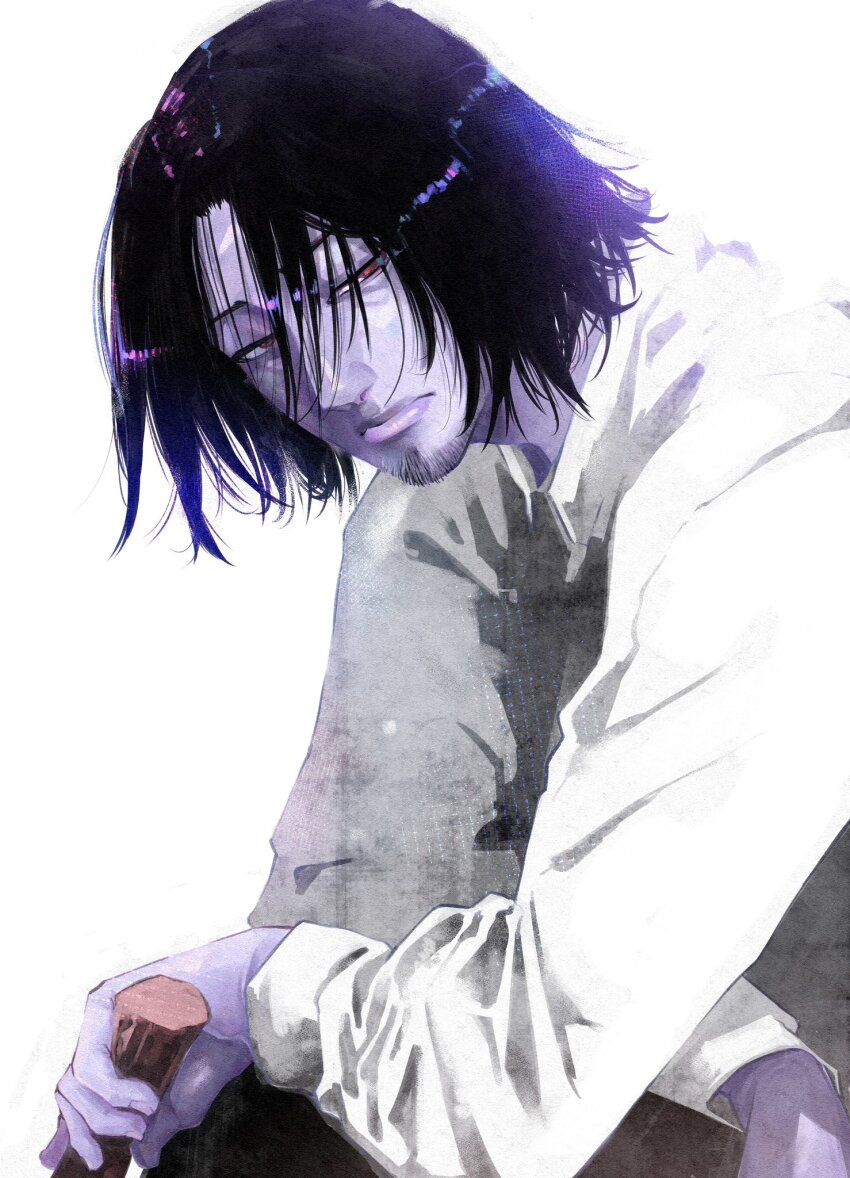1boy, black_hair, black_pants, closed_mouth, highres, juujika_no_rokunin, kurusu_(juujika_no_rokunin), long_hair, looking_at_viewer, pants, red_eyes, serious, shirt, shiryu_nakatake, simple_background, sitting, solo, stick, very_long_hair, white_background, white_shirt