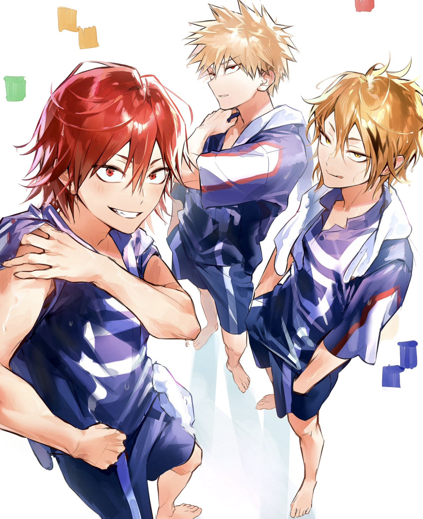 3boys, bakugou_katsuki, barefoot, blonde_hair, boku_no_hero_academia, herovvvzzz, highres, kaminari_denki