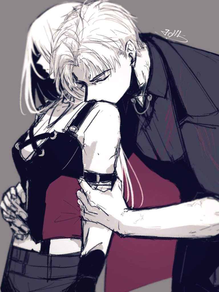 1boy, 1girl, black_jacket, black_shirt, closed_eyes, couple, hetero, holding_another's_arm