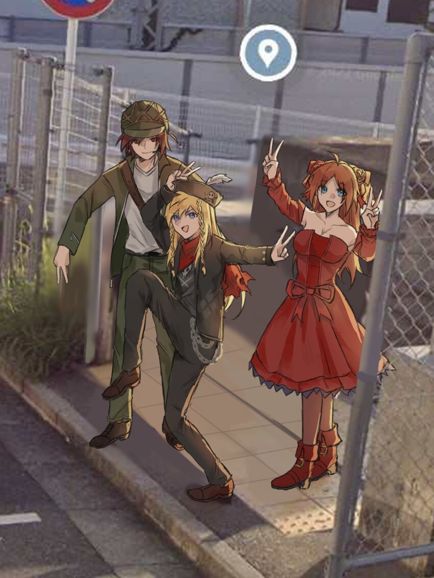 1girl, 2boys, bandana, black_hat, black_jacket, black_pants, blonde_hair, blue_eyes