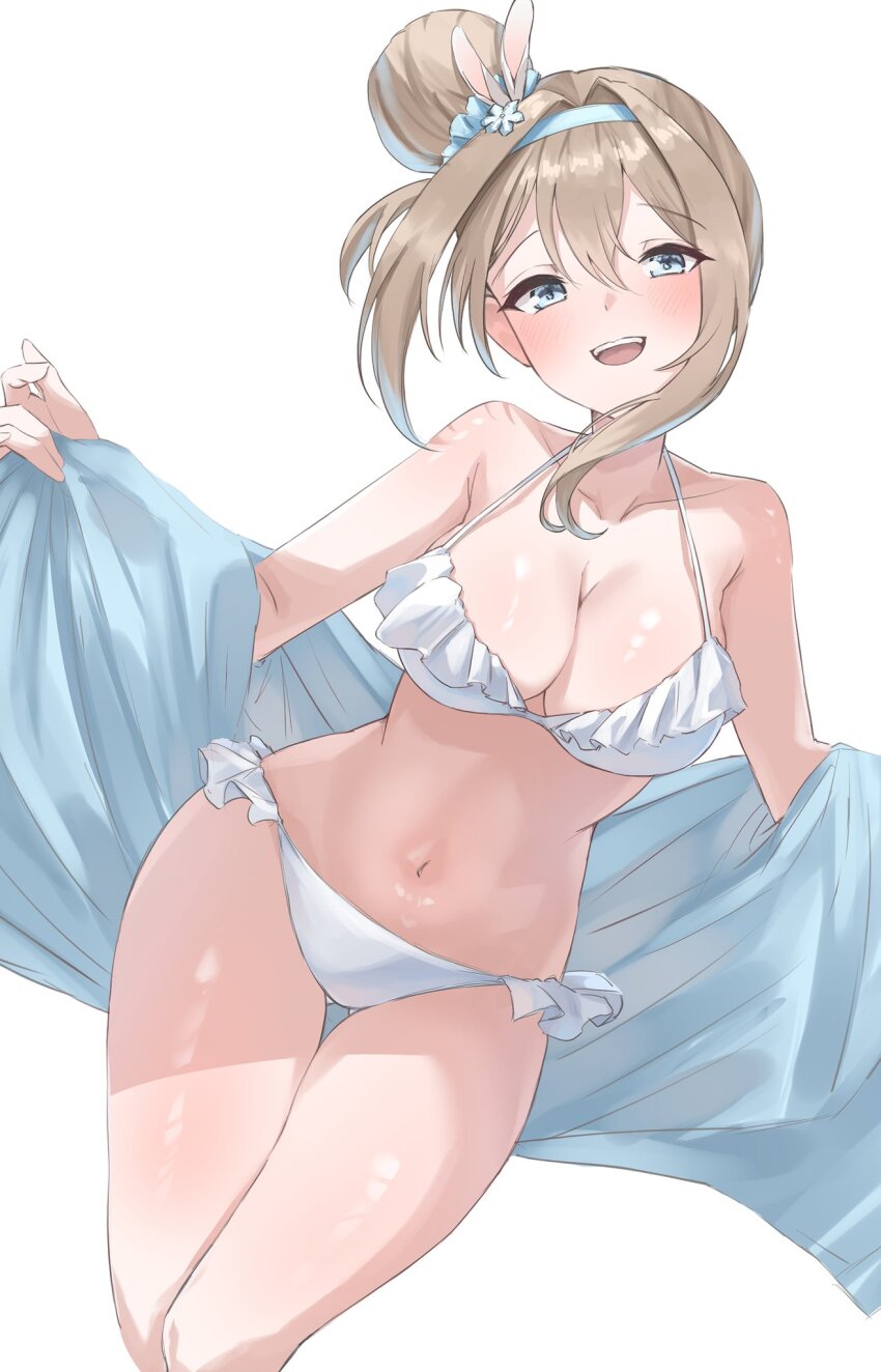 1girl, bikini, blue_eyes, breasts, cleavage, collarbone, frilled_bikini, frills