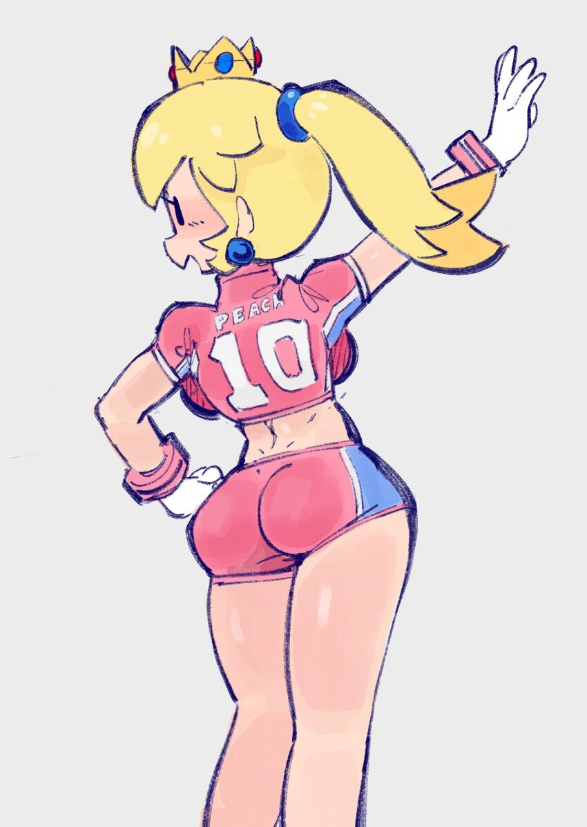ass, back, blonde_hair, blush, breasts, character_name, crop_top, crown, earrings, eyelashes, from_behind, gloves, hand_on_own_hip, hand_up, highres, jersey, jewelry, jub_(jublee_art), large_breasts, looking_to_the_side, mario_(series), mario_strikers_(series), nintendo, official_alternate_costume, open_mouth, outstretched_hand, pink_shirt, pink_shorts, ponytail, princess_peach, shirt, short_shorts, short_sleeves, shorts, smile, sphere_earrings, super_mario_strikers, white_gloves, |_|
