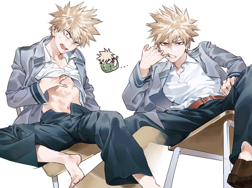 1boy, abs, bakugou_katsuki, barefoot, blonde_hair, boku_no_hero_academia, chair, clothes_lift