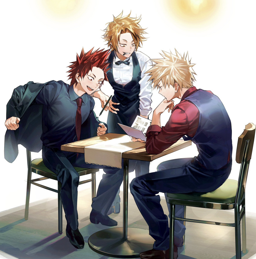3boys, bakugou_katsuki, blonde_hair, boku_no_hero_academia, bow, bowtie, chair, collared_shirt
