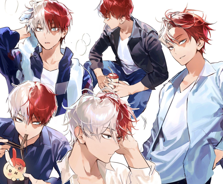 1boy, blue_eyes, boku_no_hero_academia, burn_scar, character_doll, collared_shirt, doll, eating