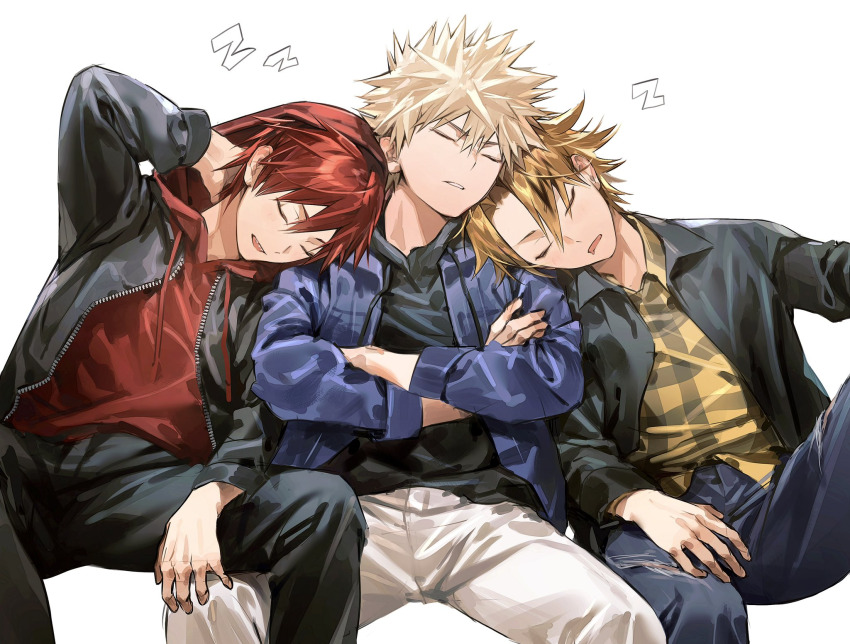 3boys, bakugou_katsuki, blonde_hair, boku_no_hero_academia, collared_shirt, crossed_arms, drooling, herovvvzzz