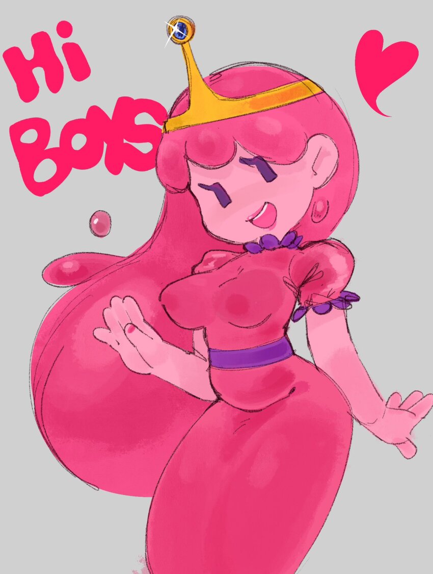 1girl, adventure_time, belly, breasts, colored_skin, crown, dress, english_text, eyelashes, hand_up, heart, highres, jub_(jublee_art), large_breasts, lips, long_dress, long_hair, open_mouth, pink_dress, pink_hair, pink_lips, pink_nails, pink_skin, princess, princess_bonnibel_bubblegum, puffy_short_sleeves, puffy_sleeves, purple_sash, sash, short_sleeves, smile, solo, tiara, waving, |_|