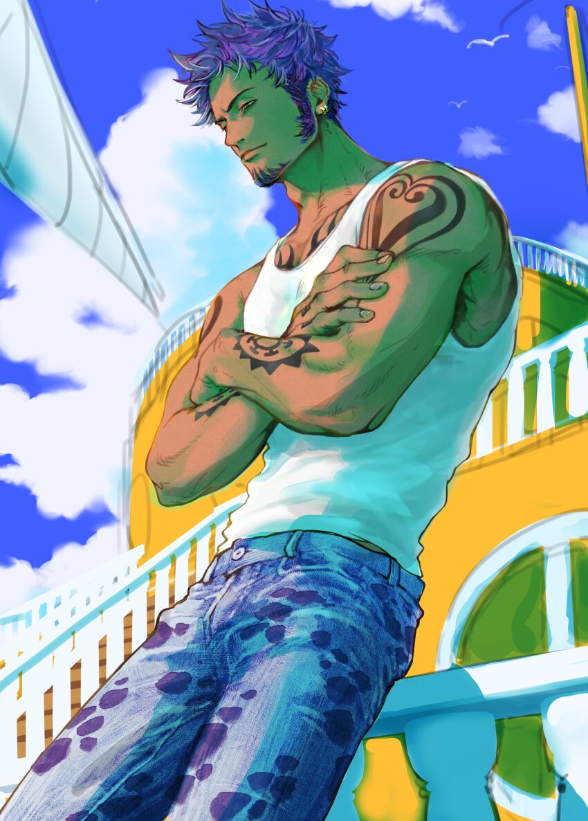 1boy, absurdres, arm_tattoo, black_hair, blurry, blurry_background, chest_tattoo, cowboy_shot