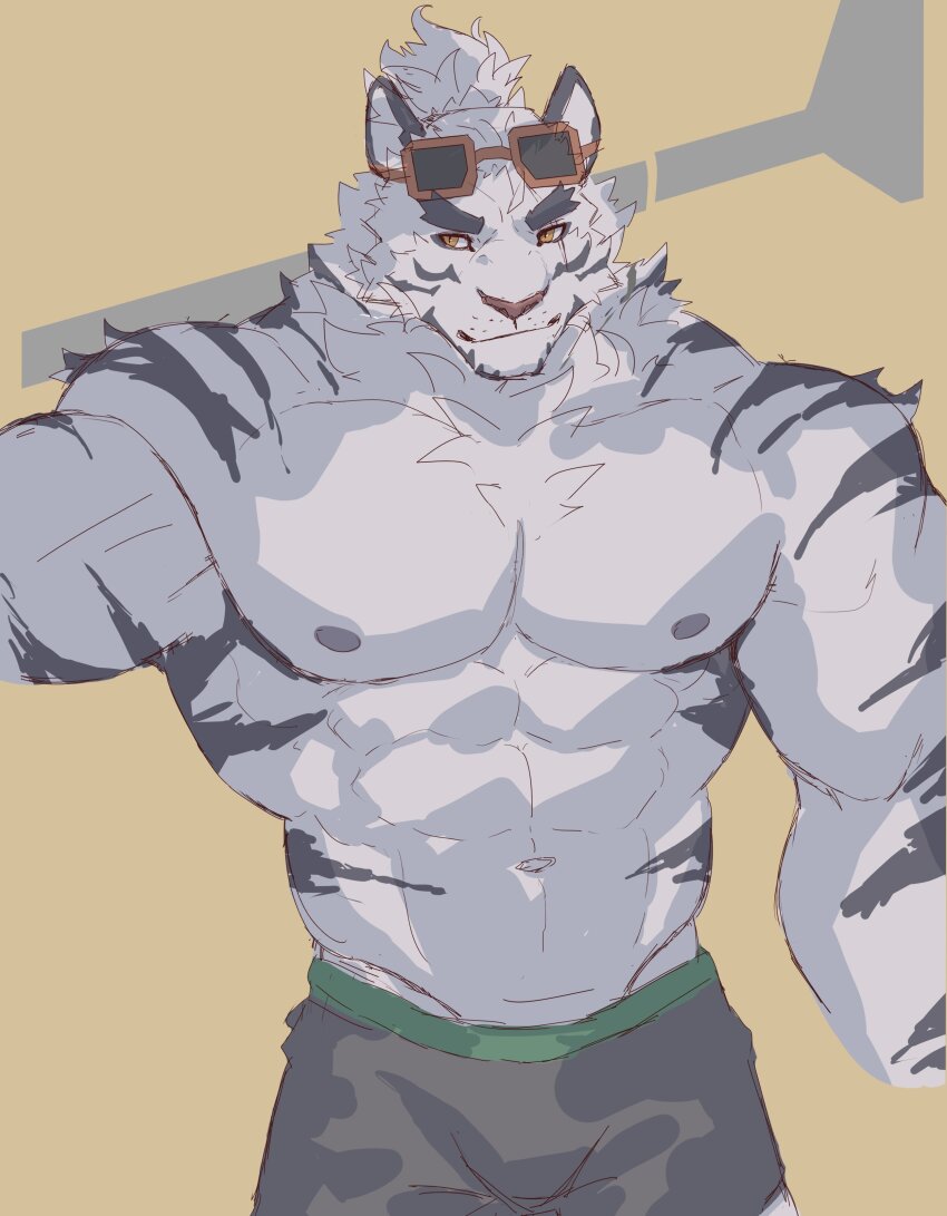 1boy, abs, absurdres, animal_ears, bara, black_male_swimwear, bulge, cowboy_shot