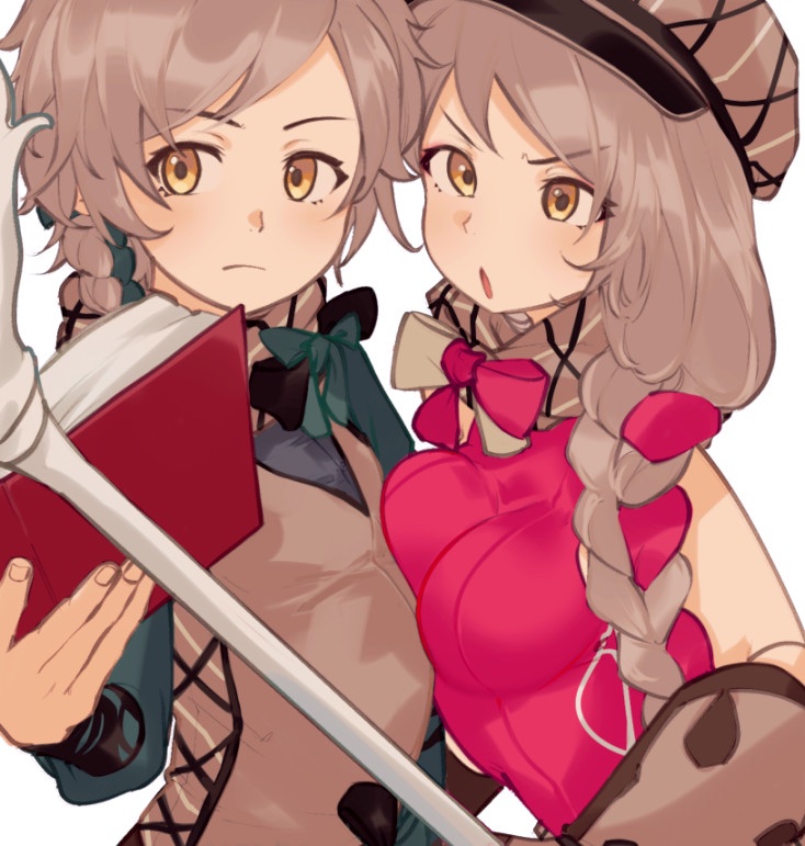 1boy, 1girl, blonde_hair, braid, brother_and_sister, brown_scarf, clanne_(fire_emblem), fire_emblem, fire_emblem_engage, flannel, framme_(fire_emblem), green_hair, jbeixu937jrhdk, long_hair, looking_at_viewer, multicolored_hair, nintendo, pink_hair, plaid_clothes, plaid_headwear, plaid_scarf, scarf, siblings, twins, two-tone_hair