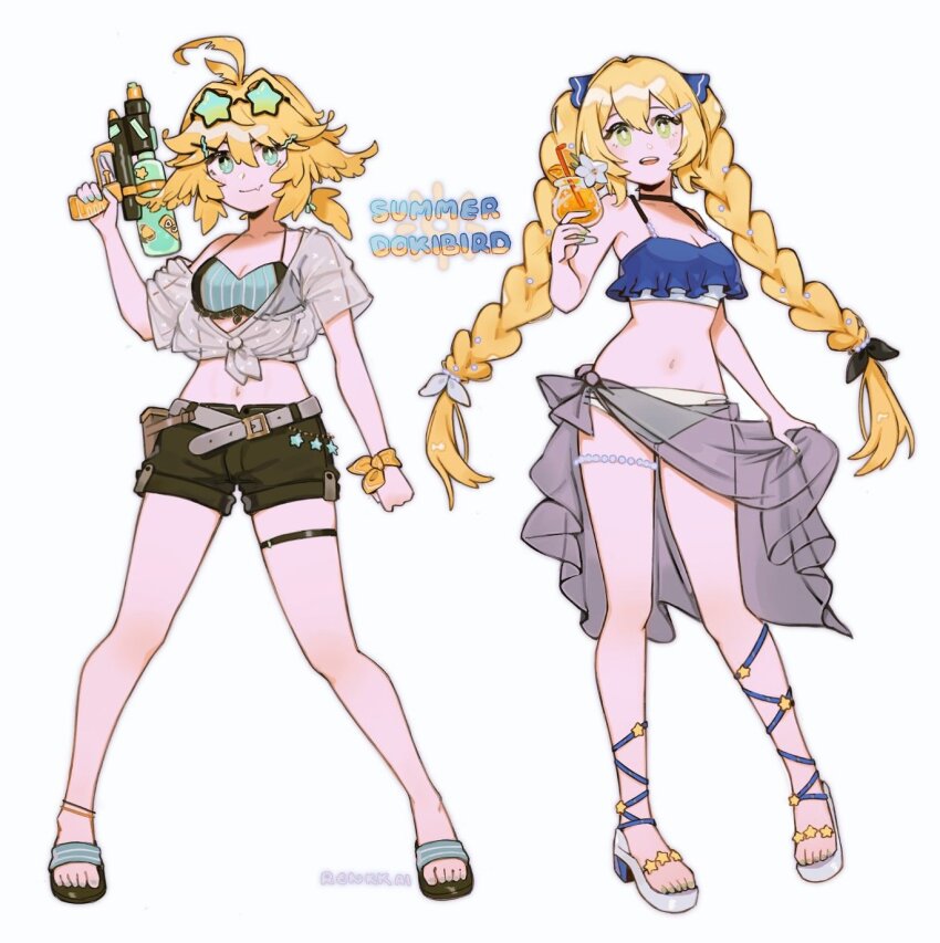 2girls, ahoge, alternate_costume, alternate_hairstyle, aqua_bikini, aqua_eyes, artist_name, belt