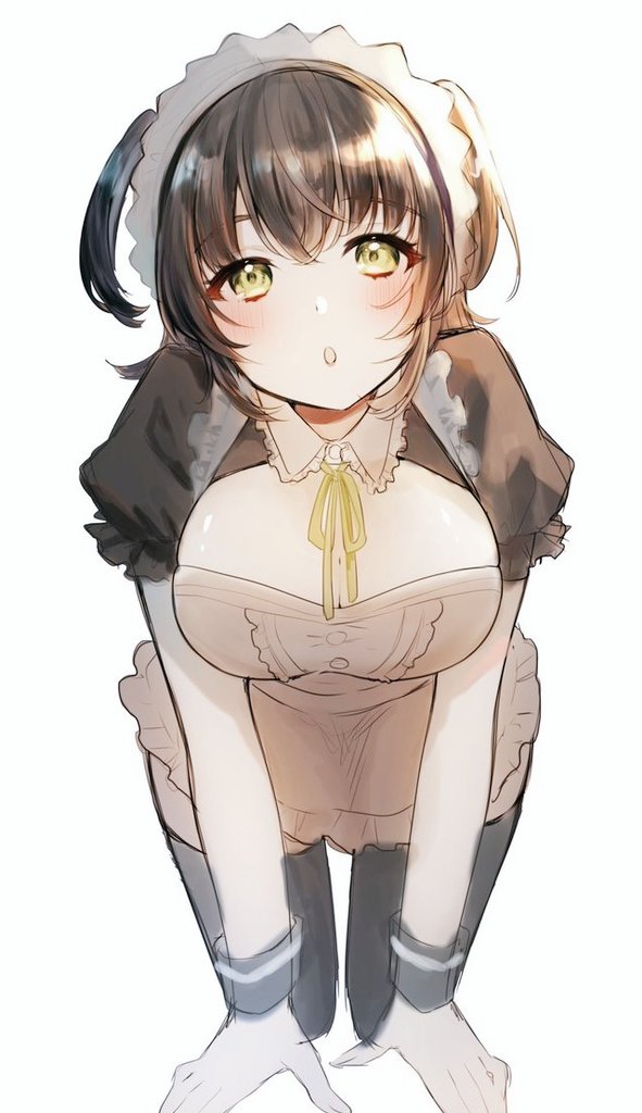 1girl, :o, alternate_costume, apron, arm_support, black_shirt, black_thighhighs, black_wrist_cuffs