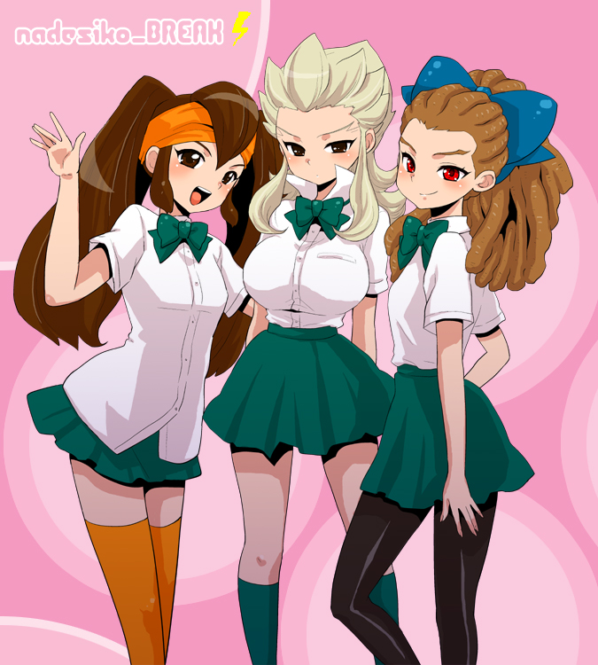 3girls, black_socks, blush, bow, bowtie, breasts, brown_eyes, brown_hair, dreadlocks, endou_mamoru, frown, gender_request, genderswap, gouenji_shuuya, hair_bow, headband, hug, inazuma_eleven, inazuma_eleven_(series), kidou_yuuto, kneehighs, large_breasts, long_hair, multiple_girls, okuretun, open_mouth, orange_legwear, pantyhose, red_eyes, school_uniform, skirt, smile, socks, thighhighs, twintails, white_hair