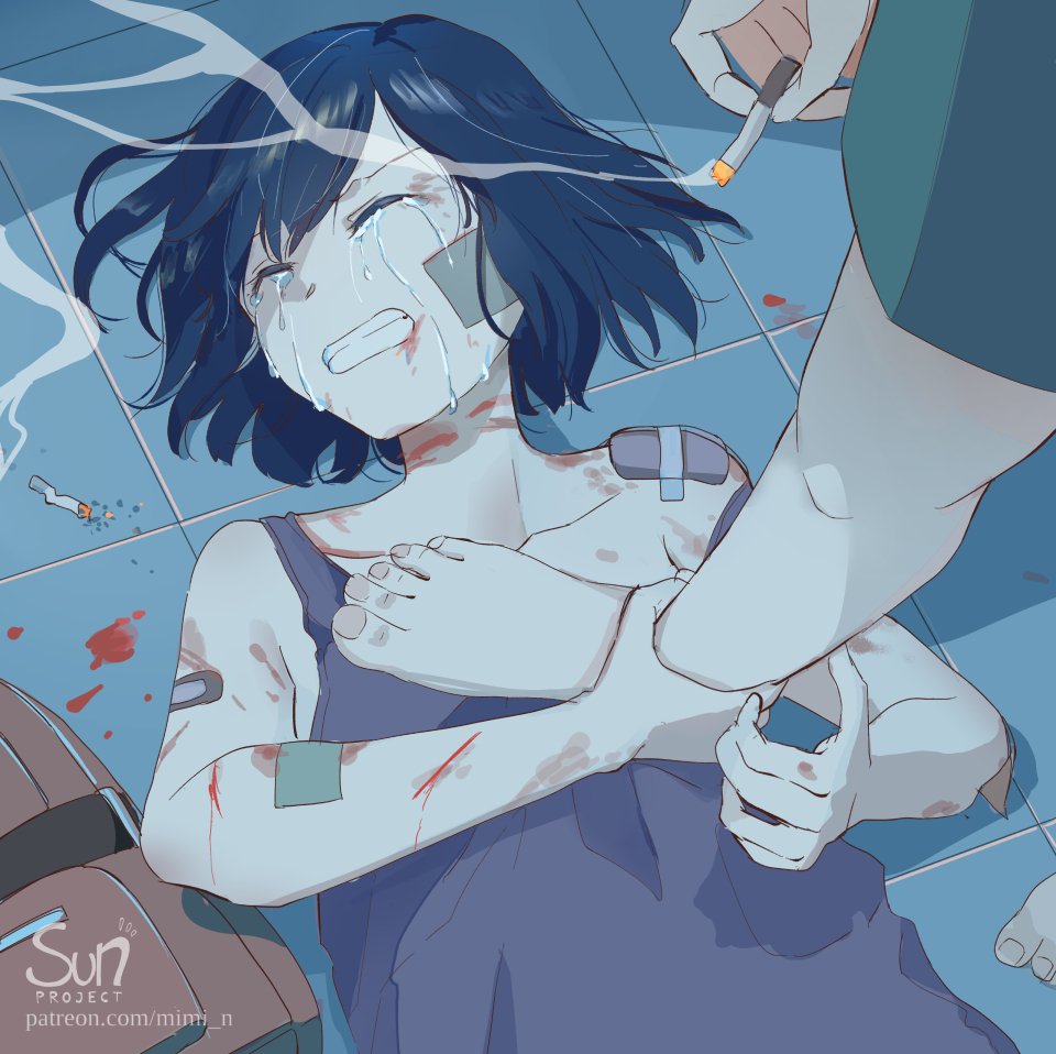 1boy, 1girl, abuse, blood, blood_on_face, blue_hair, character_request, cigarette
