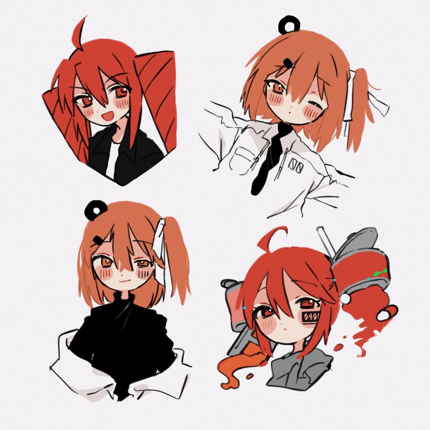 2girls, a.i._voice, adachi_rei, ahoge, black_shirt, blush, drill_hair, facial_tattoo