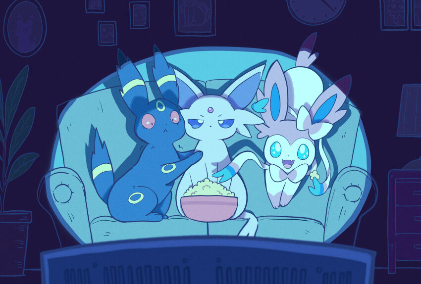 annoyed, blue_eyes, bow, bowl, espeon, food, forehead_jewel, gen_2_pokemon, gen_6_pokemon, highres, holding, komanychi, nintendo, open_mouth, pokemon, pokemon_(creature), popcorn, purple_eyes, ribbon, scared, sitting, smile, sylveon, television, umbreon