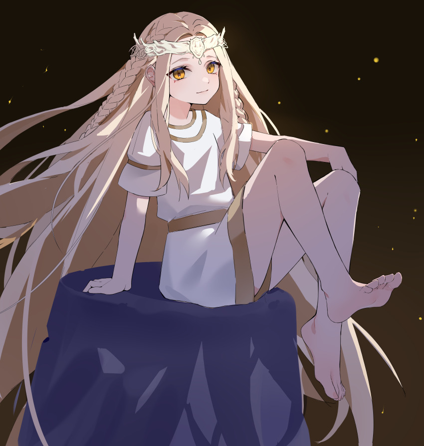 1boy, absurdres, arm_support, axescr, barefoot, blonde_hair, braid, circlet