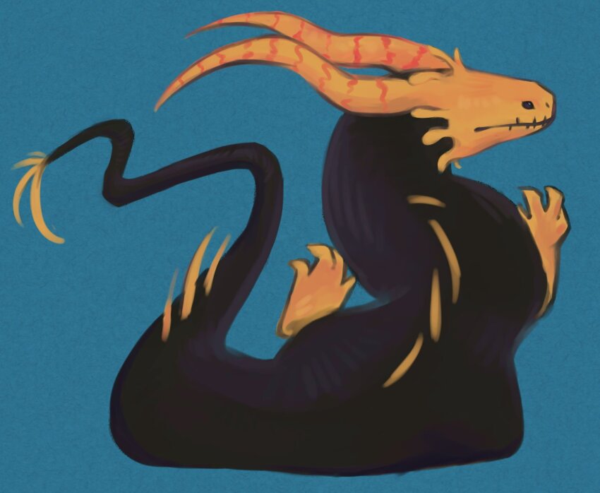 4tta_oni, black_eyes, blue_background, creature, horns, lizard_(rain_world), no_humans, rain_world