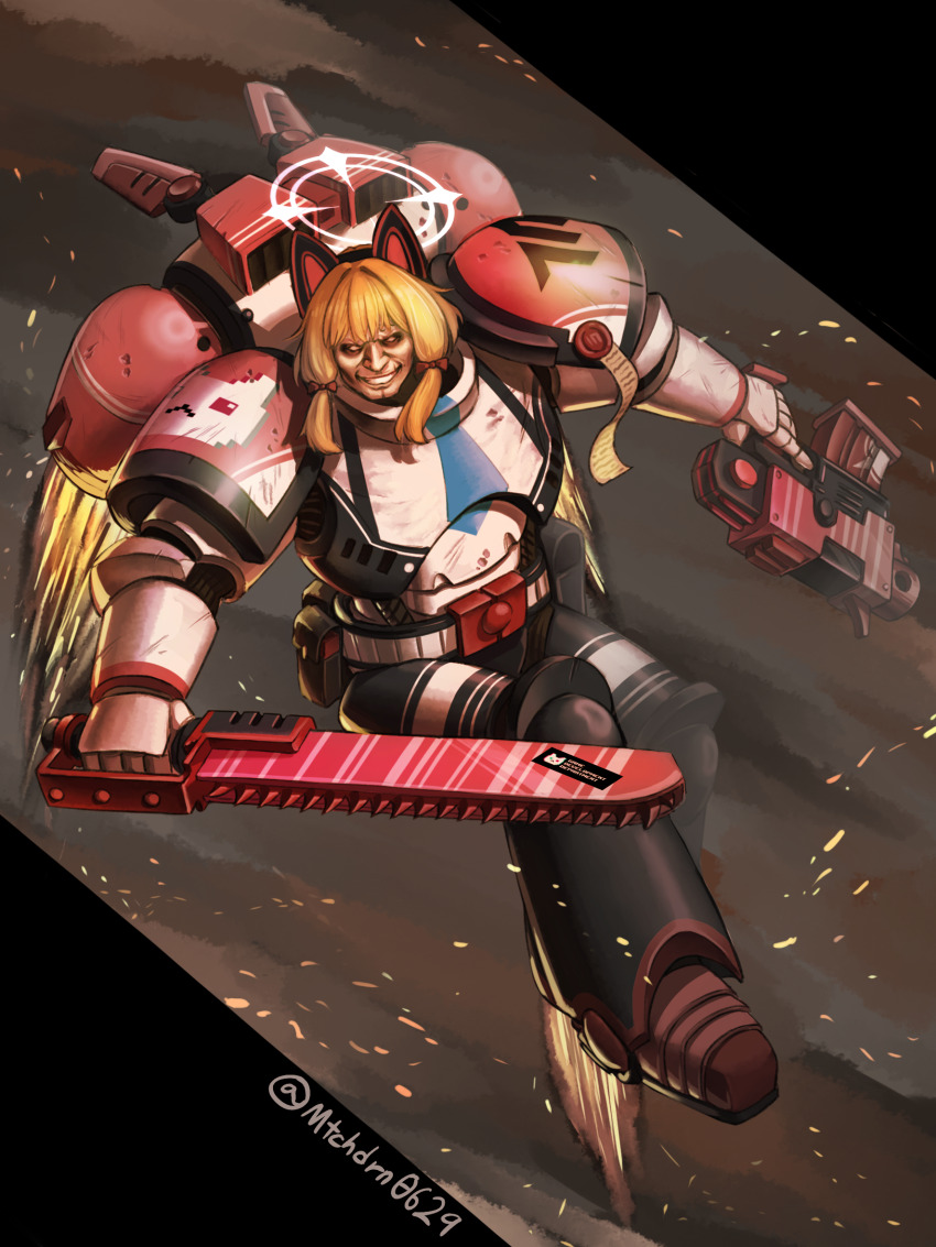 1boy, adeptus_astartes, animal_ear_headphones, animal_ears, armor, artist_name, blank_eyes, blonde_hair