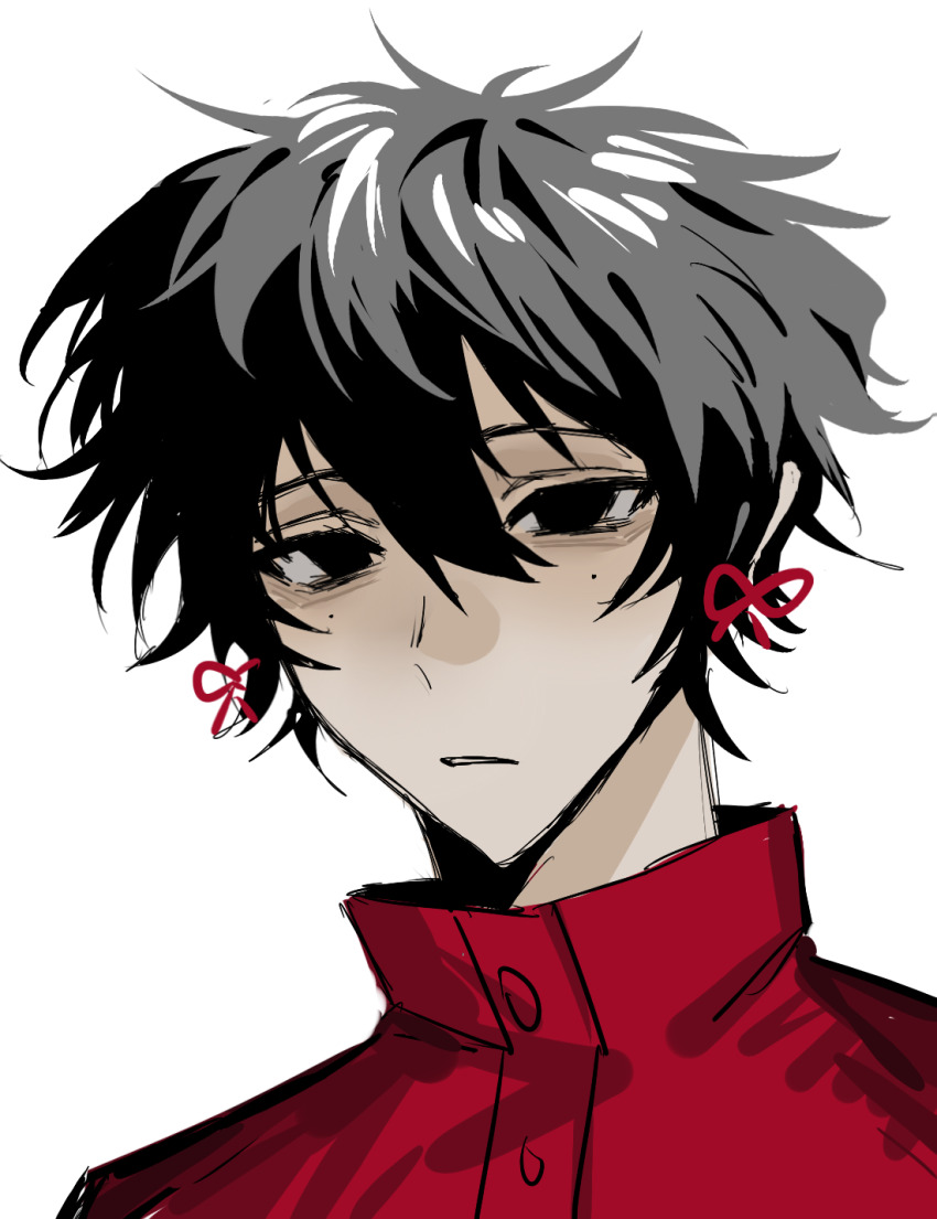 1boy, black_eyes, black_hair, chinese_commentary, commentary_request, earrings, hair_between_eyes, hair_ribbon, high_collar, highres, jacket, jewelry, li_yuting_(male), longoephemino, looking_at_viewer, male_focus, mole, mole_under_each_eye, mole_under_eye, multiple_moles, parted_bangs, portrait, red_jacket, red_ribbon, ribbon, short_hair, simple_background, sketch, solo, touqi_guaitan, white_background