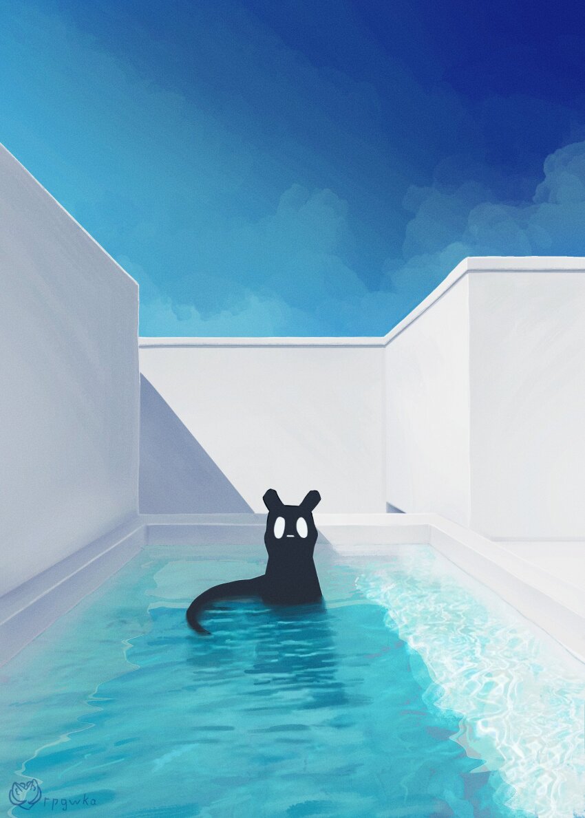 absurdres, creature, dream_pool, highres, liminal_space, no_humans, no_mouth, pool, rain_world, rpgwka_illust, signature, sky, slugcat, tail, watcher_(rain_world), water, wide-eyed