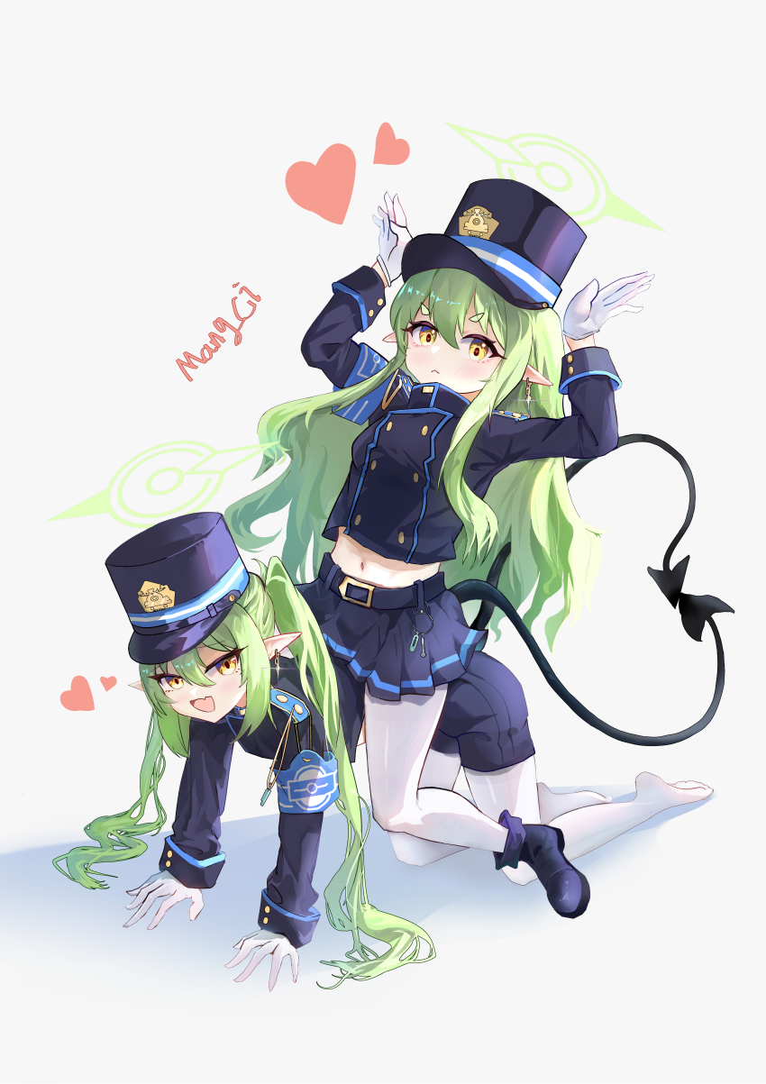 2girls, :<, absurdres, all_fours, ankle_boots, armband, arms_up, artist_name, belt, belt_buckle, black_belt, black_hat, black_jacket, black_shorts, black_skirt, black_tail, blue_archive, blue_armband, blush, boots, buckle, chinese_commentary, closed_mouth, commentary_request, earrings, fang, full_body, girl_on_top, glint, gloves, green_hair, green_halo, grey_background, hair_between_eyes, halo, hat, heart, highres, hikari_(blue_archive), jacket, jewelry, long_hair, long_sleeves, looking_at_viewer, mang_ci, midriff_peek, miniskirt, multiple_girls, navel, no_shoes, nozomi_(blue_archive), open_mouth, pantyhose, peaked_cap, pleated_skirt, pointy_ears, purple_footwear, riding, shorts, sidelocks, signature, simple_background, skin_fang, skirt, smile, tail, twintails, white_gloves, white_pantyhose, yellow_eyes