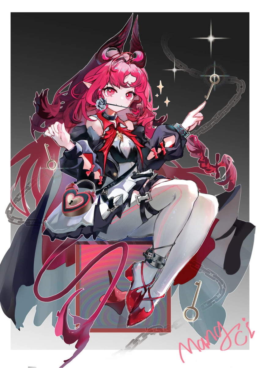 1girl, arknights, arm_cutout, bare_shoulders, border, chain, chinese_commentary, clothing_cutout