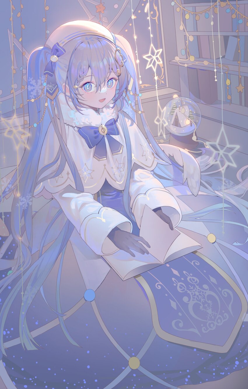 1girl, absurdres, bass_clef, blue_bow, blue_gloves, blue_hair, blue_tabard, book