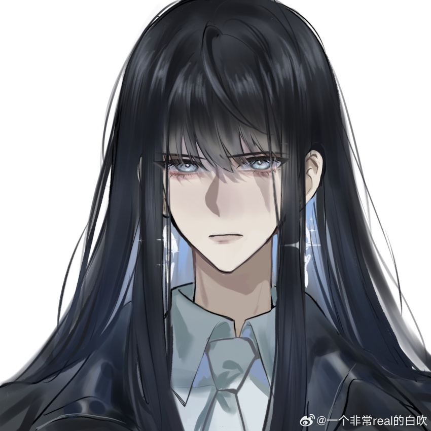 1girl, black_coat, black_hair, blue_eyes, chinese_commentary, coat, collared_shirt, commentary