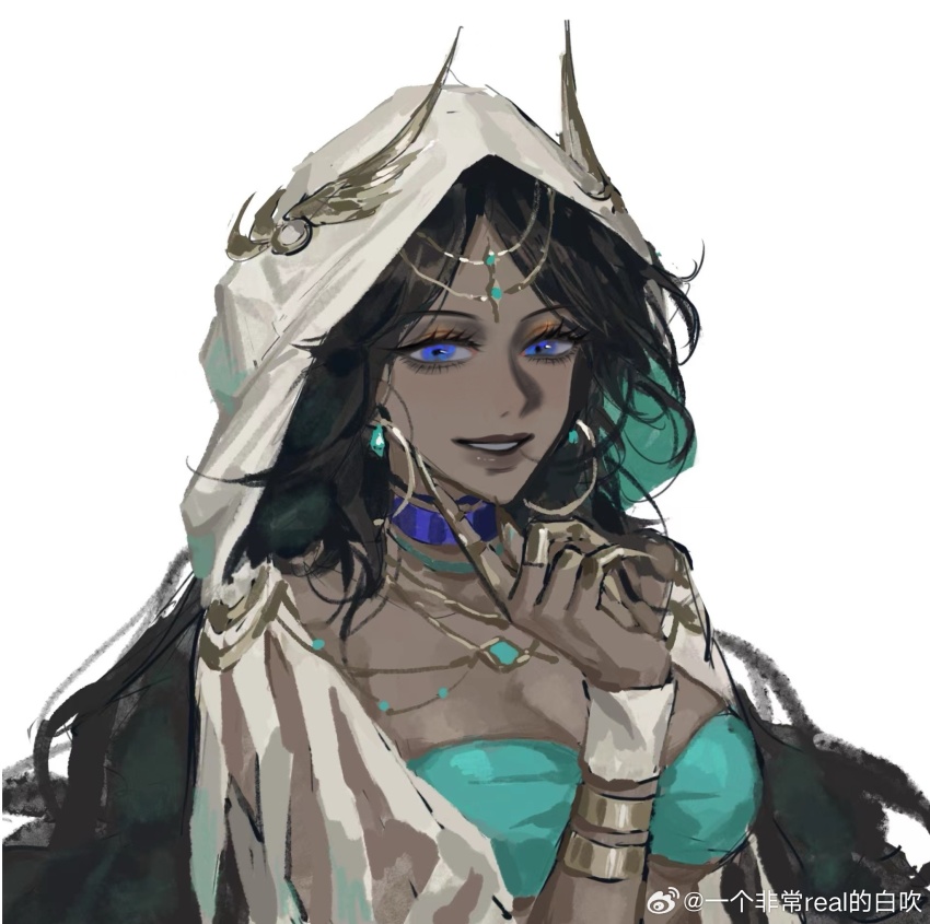 1girl, artist_collaboration, black_hair, blue_eyes, bracelet, breasts, ccccl., chinese_commentary