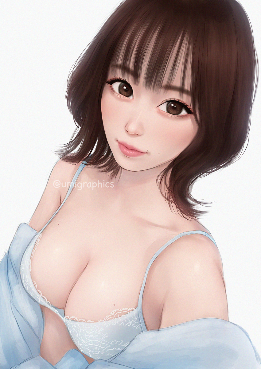 1girl, bra, breasts, brown_eyes, brown_hair, highres, iori_moe, lips