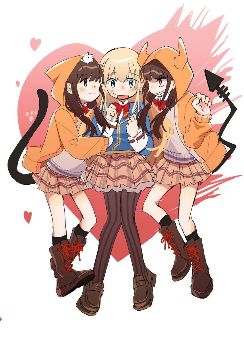 3girls, absurdres, asakura_karen_(heaven_burns_red), black_hair, blonde_hair, blue_jacket, boots, bow, braid, cat_tail, dual_persona, green_eyes, half_up_braid, heart, heart_background, heaven_burns_red, highres, hood, hood_up, hooded_jacket, jacket, long_hair, multiple_girls, pantyhose, red_bow, skirt, striped_clothes, striped_pantyhose, tail, toujou_tsukasa, u_yufei, vertical-striped_clothes, vertical-striped_pantyhose, yellow_eyes, yuri