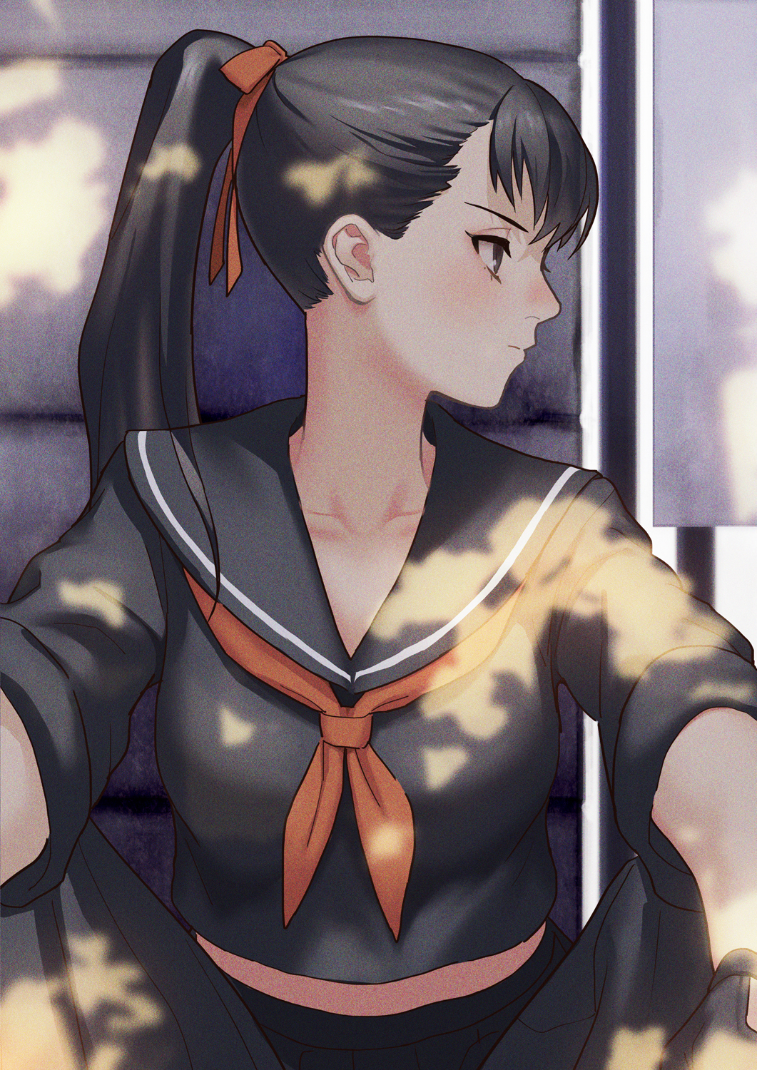 1girl, black_eyes, black_hair, black_serafuku, collarbone, delinquent, fumikazu, highres