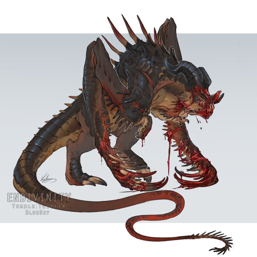 animal_focus, artist_name, black_horns, blood, claws, closed_eyes, deathclaw, endivinity