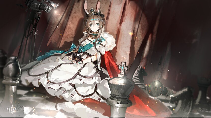 1girl, absurdres, amiya_(ambience_synesthesia_2022)_(arknights), amiya_(arknights), arknights, blurry, cape, chess_piece