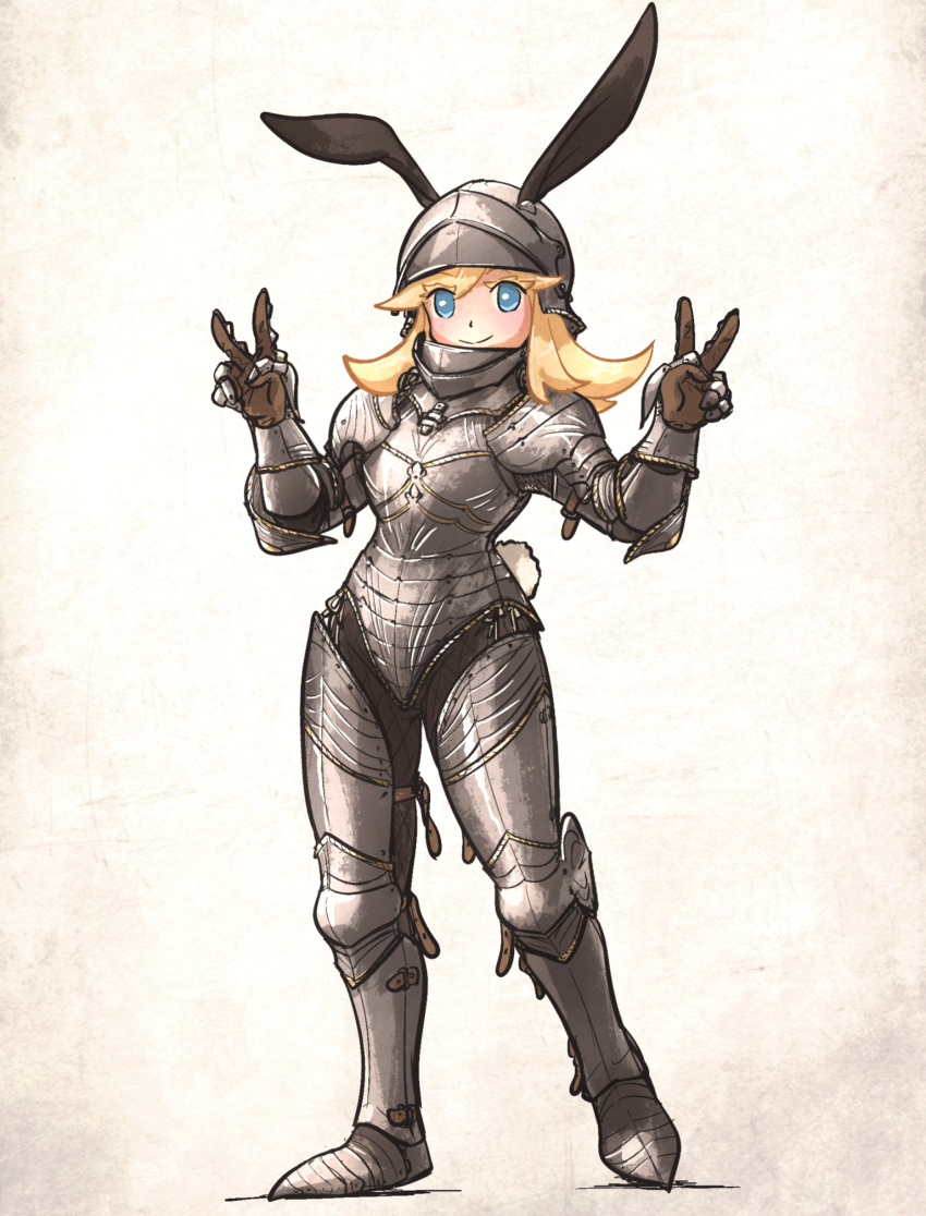 1girl, armor, bevor, blonde_hair, blue_eyes, breastplate, bunny_armour, couter, cuirass, double_v, full_armor, gauntlets, gothic_plate_armor, greaves, helmet, highres, ironlily, long_hair, looking_at_viewer, original, pauldrons, perlweiss_(ironlily), plate_armor, rerebrace, sallet, shoulder_armor, smile, solo, v, vambraces, visor_(armor), visor_lift