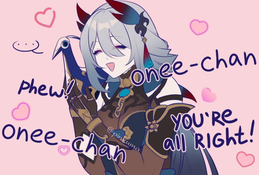 1girl, absurdres, alternate_form, chinese_clothes, cycrane_(honkai:_star_rail), english_text, grey_hair, hanya_(honkai:_star_rail), heart, highres, honkai:_star_rail, honkai_(series), non-humanoid_robot, official_alternate_design, pink_background, pinkuma, robot, robot_animal, robot_bird, simple_background, upper_body, xueyi_(honkai:_star_rail)