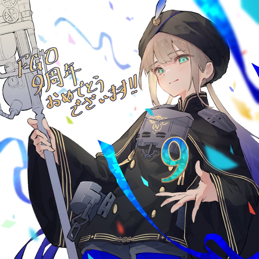 1boy, anniversary, black_hat, black_poncho, blonde_hair, blue_hair, blue_leggings, buttons