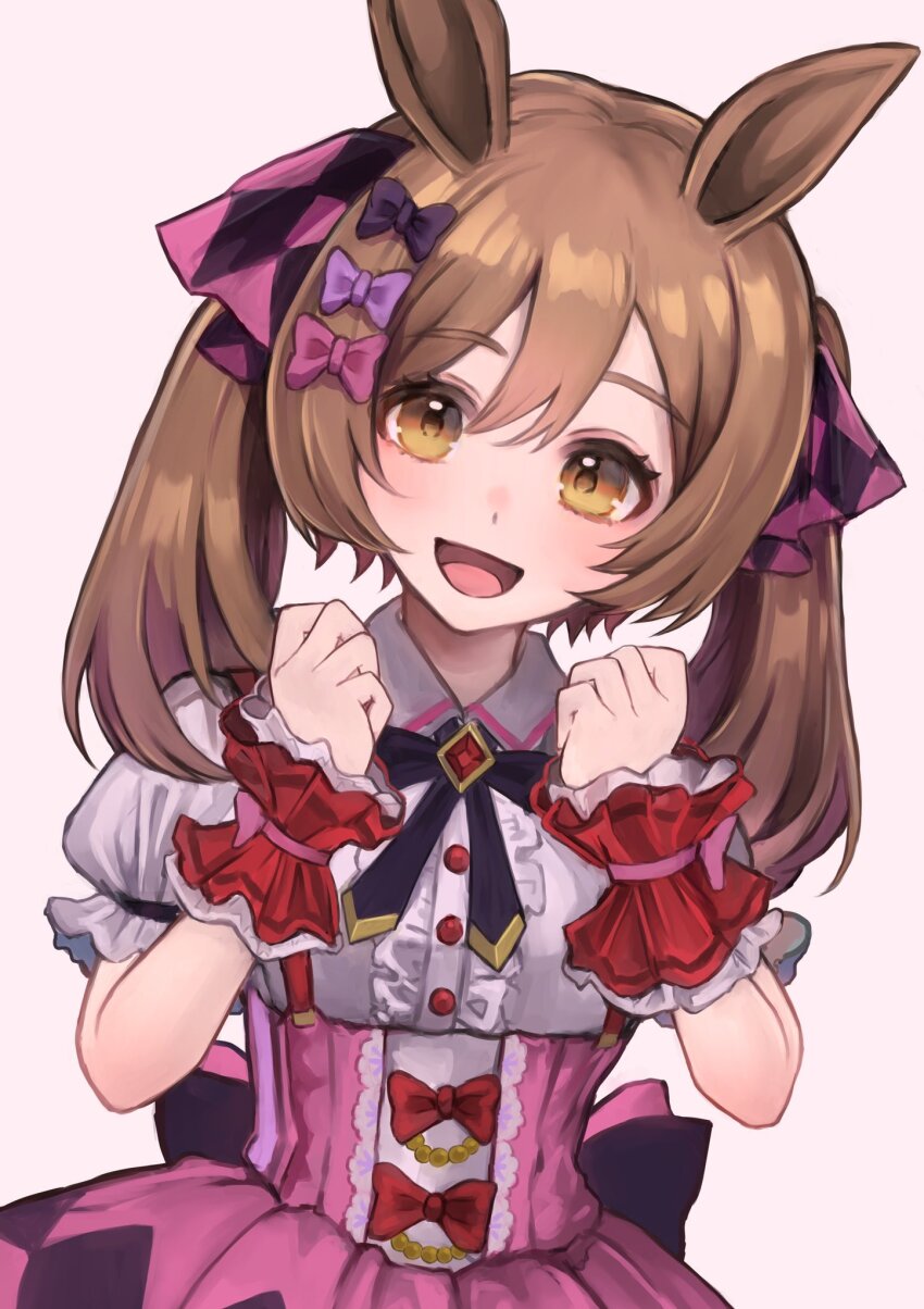 1girl, :d, animal_ears, asatsuyu, back_bow, black_bow, black_bowtie, blush, bow, bowtie, breasts, brown_eyes, brown_hair, center_frills, checkered_ribbon, clenched_hands, collared_shirt, commentary_request, double-parted_bangs, frilled_wrist_cuffs, frills, gem, hair_bow, hair_ribbon, hands_up, head_tilt, high-waist_skirt, highres, horse_ears, horse_girl, long_hair, looking_at_viewer, open_mouth, pink_bow, pink_skirt, puffy_short_sleeves, puffy_sleeves, purple_bow, red_bow, red_gem, red_wrist_cuffs, ribbon, shirt, short_sleeves, simple_background, skirt, small_breasts, smart_falcon_(umamusume), smile, solo, suspender_skirt, suspenders, thick_eyelashes, twintails, umamusume, upper_body, white_background, white_shirt, wrist_cuffs