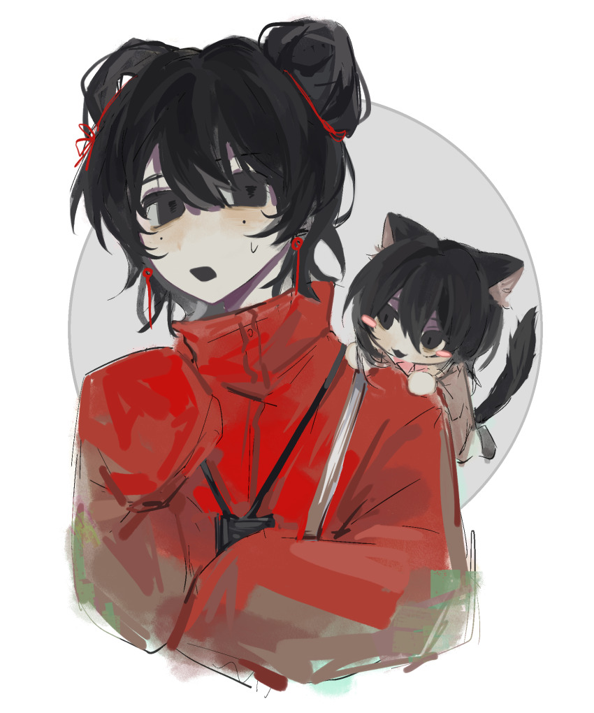 1boy, 1girl, :3, animal_ears, baozaolaoyan, black_eyes, black_hair, camera