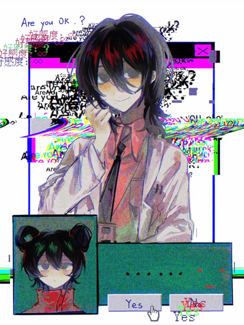 ..., 1boy, 1girl, absurdres, baozaolaoyan, black_eyes, black_hair, black_necktie, chinese_commentary, closed_mouth, collared_shirt, commentary_request, dialogue_options, english_text, film_grain, hair_between_eyes, hair_bun, hair_rings, high_collar, highres, jacket, li_yuting_(female), long_sleeves, medium_hair, mo_chengwei, mole, mole_under_each_eye, mole_under_eye, mole_under_mouth, multiple_moles, necktie, open_clothes, open_jacket, pink_shirt, red_jacket, shirt, short_hair, single_hair_bun, single_hair_ring, smile, touqi_guaitan, white_jacket