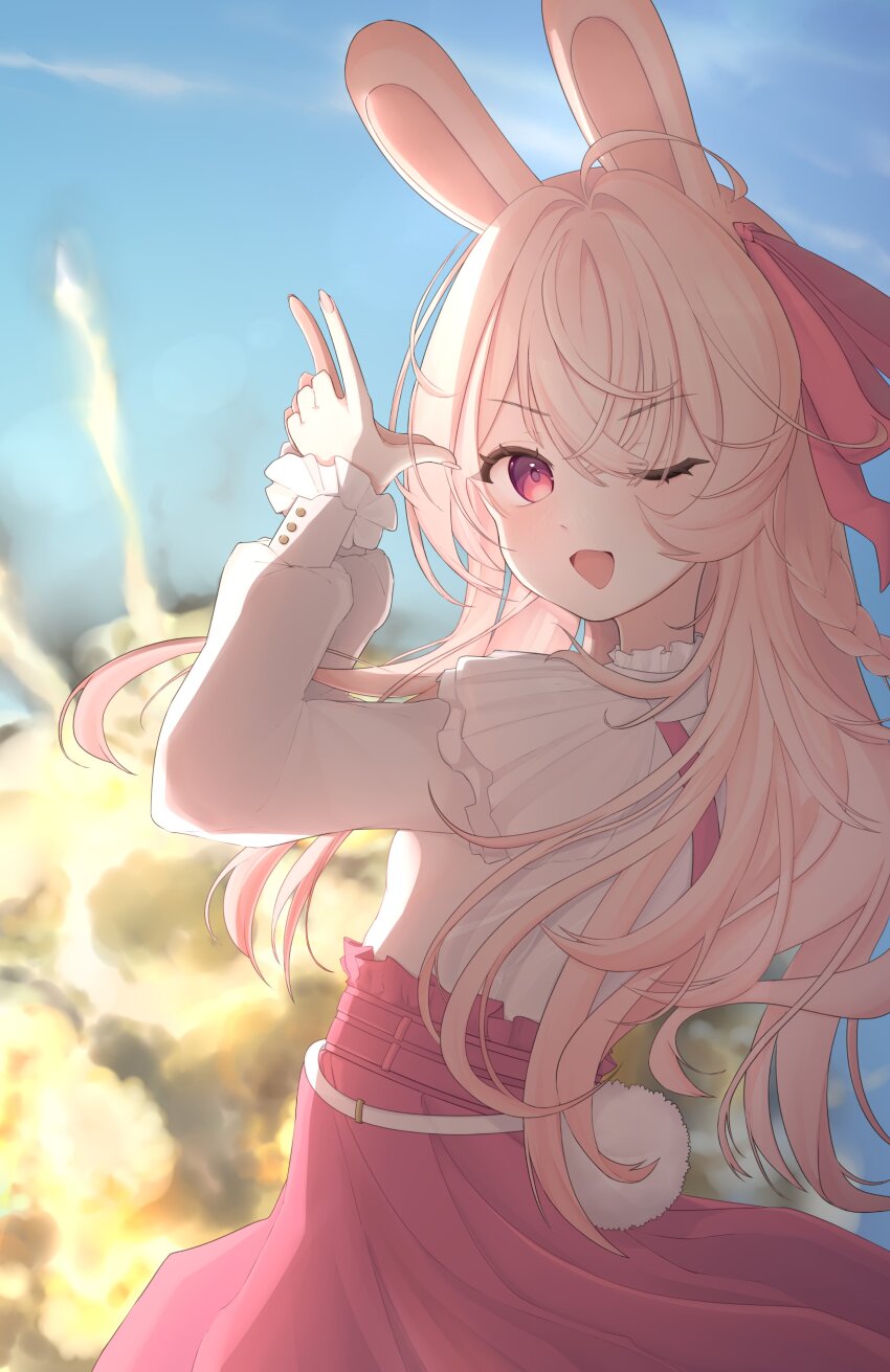 1girl, absurdres, animal_ears, bow, braid, double_finger_gun, explosion, finger_gun